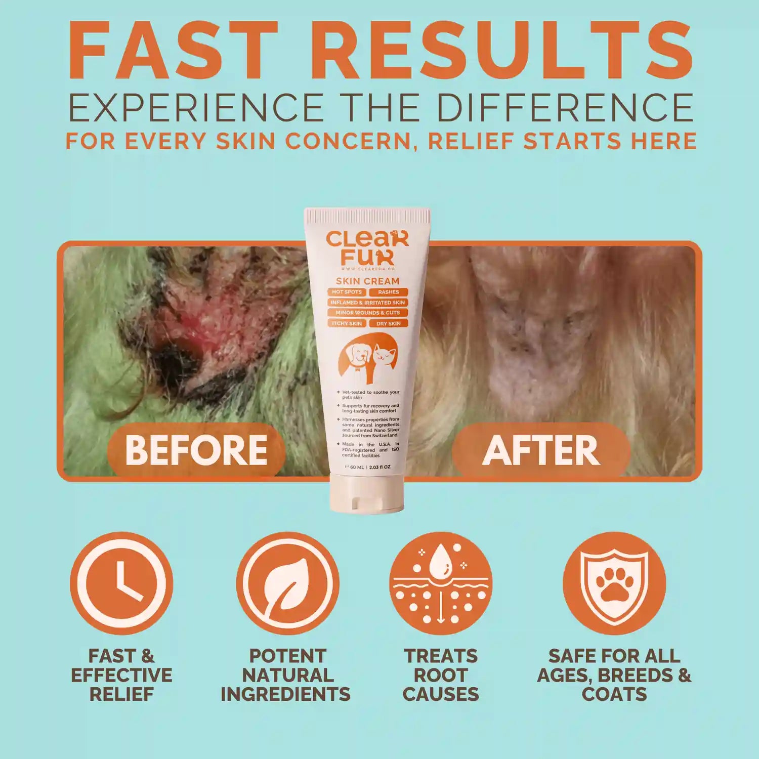 ClearFur Natural Hot Spot & Itch Relief Skin Cream for Dogs & Cats | Before & After Image