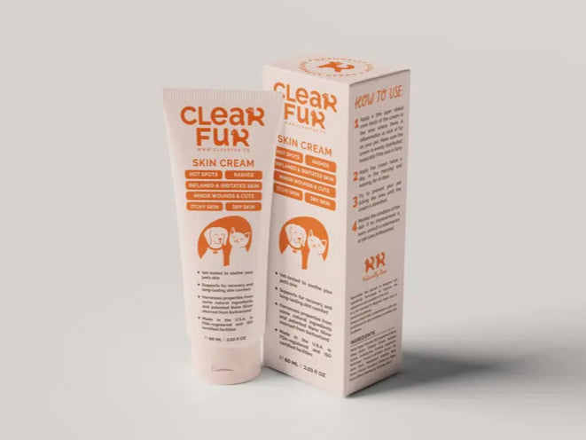 ClearFur Skin Cream Package & Tube With A Minimalist Background