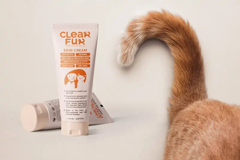 ClearFur Skin Cream Tube With A Minimalist Background & Cat Tail